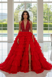 Ball Gown Halter Deep V Tulle Prom Dress with Beaded Bodice and Tiered Ruffle Skirt