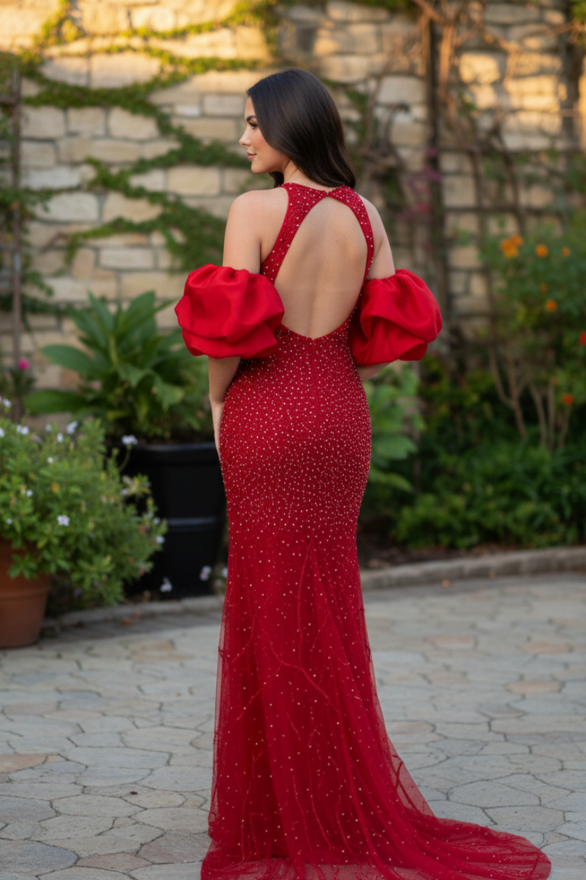 Sheath/Column Halter Neck Floor-Length Tulle Prom Dress with Beaded Puff Sleeve Detail