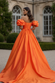 Ball Gown Off-the-Shoulder No Back Type Floor-Length Satin Prom Dress with Statement Bow and Puff Sleeves