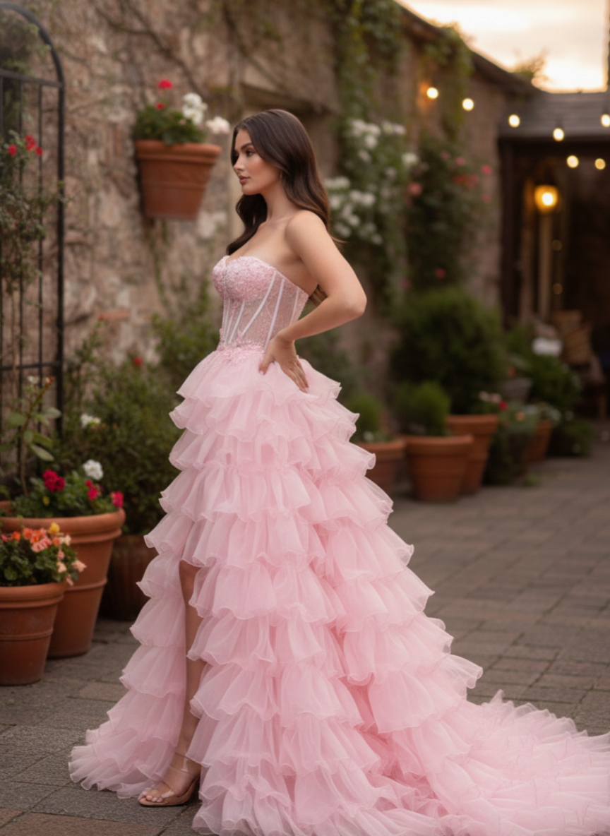 A-Line Sweetheart Floor-Length Tulle Pink Tiered Ruffle Prom Dress with Corset Bodice