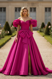 Ball Gown Off-the-Shoulder No Back Type Floor-Length Satin Prom Dress with Statement Bow and Puff Sleeves