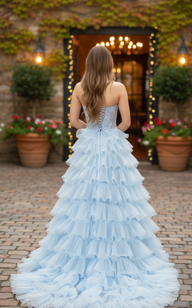 A-Line Sweetheart Floor-Length Tulle Pink Tiered Ruffle Prom Dress with Corset Bodice