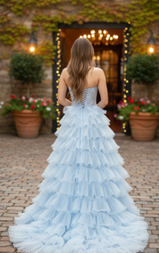 A-Line Sweetheart Floor-Length Tulle Pink Tiered Ruffle Prom Dress with Corset Bodice