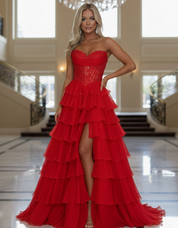 A-Line Sweetheart Floor-Length Hot Pink Chiffon Tiered Ruffle Prom Dress