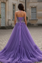 Ball Gown Halter Back Floor-Length Tulle Prom Dress with Sparkling Beaded Bodice and Tiered Ruffle Skirt