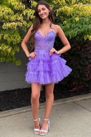 A-Line V-Neck Short/Mini Lavender Tulle Homecoming Dress with Sequin Lace Corset