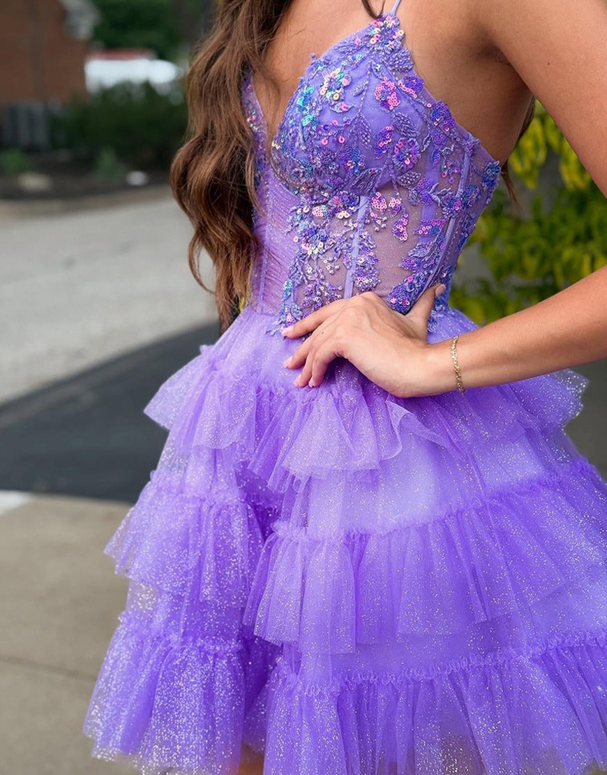 A-Line V-Neck Short/Mini Lavender Tulle Homecoming Dress with Sequin Lace Corset
