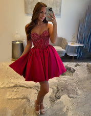A-Line Sweetheart Short/Mini Satin Burgundy Homecoming Dress with Beaded Bodice