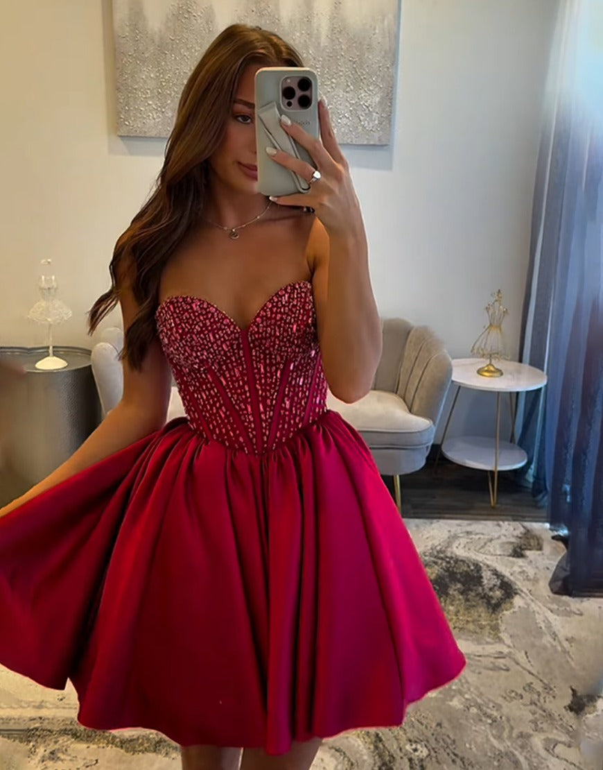 A-Line Sweetheart Short/Mini Satin Burgundy Homecoming Dress with Beaded Bodice