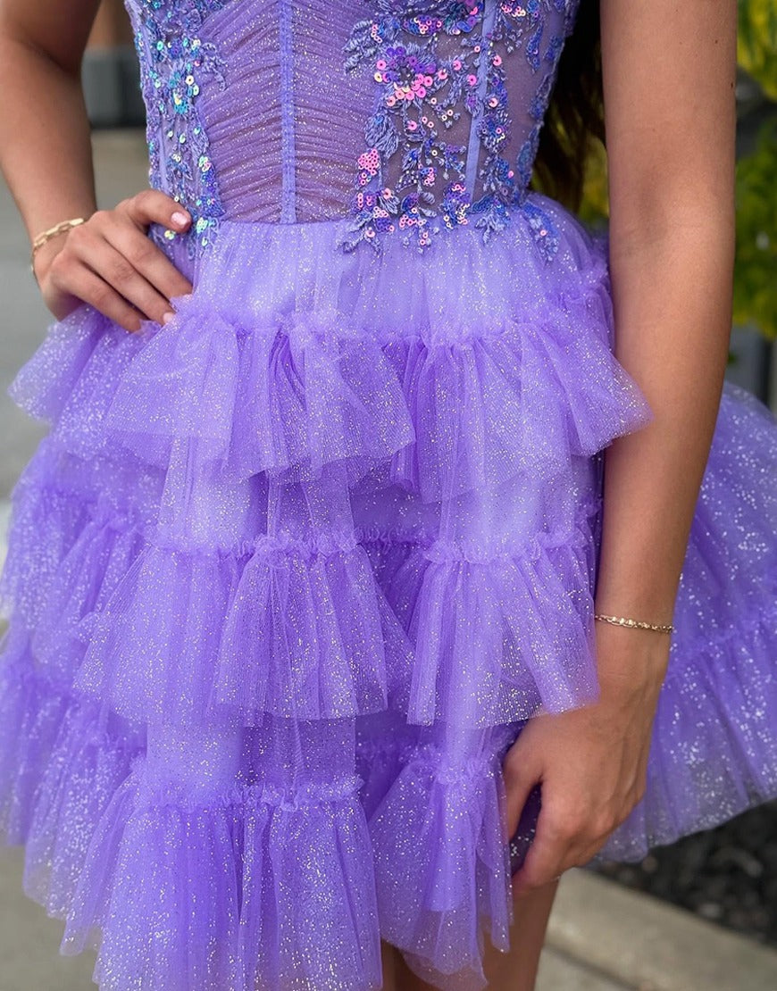 A-Line V-Neck Short/Mini Lavender Tulle Homecoming Dress with Sequin Lace Corset