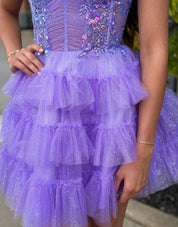 A-Line V-Neck Short/Mini Lavender Tulle Homecoming Dress with Sequin Lace Corset