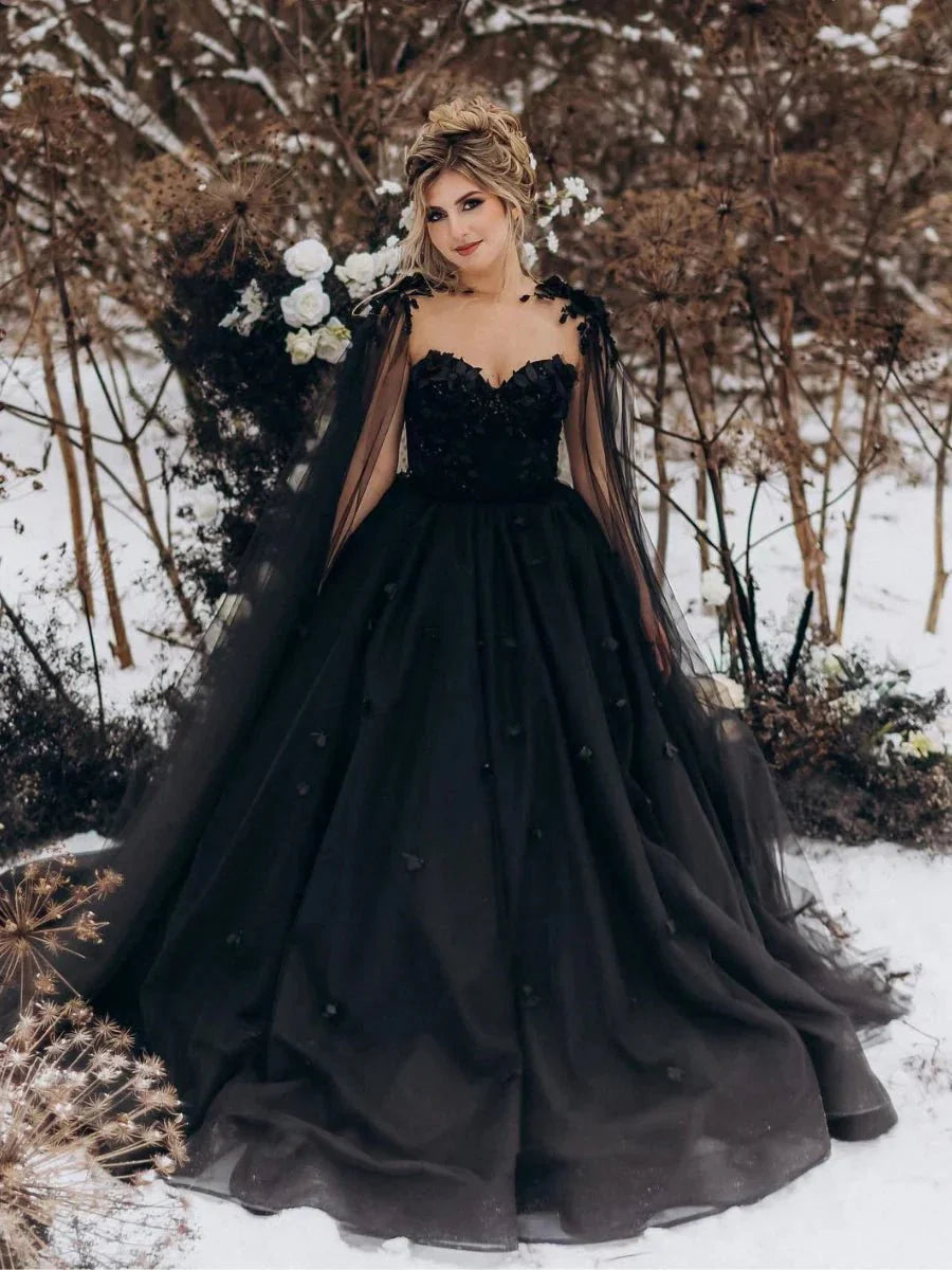 Fabiana | A-Line Black Gothic Wedding Dress 3D Flowers Tulle With Cape