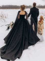 Fabiana | A-Line Black Gothic Wedding Dress 3D Flowers Tulle With Cape