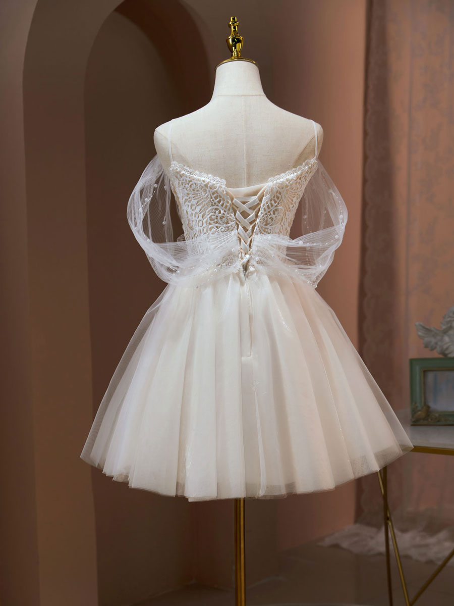 Ivory A-Line Sweetheart Neck Short/Mini Tulle Homecoming Dress with Lace Appliqué and Sheer Puff Sleeves
