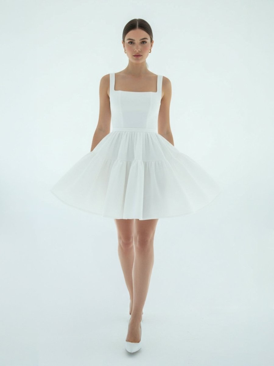 A - Line Boat - Neck Mini - Length Sleeveless Satin Pleats Wedding Dress - KissProm