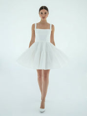 A - Line Boat - Neck Mini - Length Sleeveless Satin Pleats Wedding Dress - KissProm