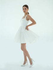 A - Line Boat - Neck Mini - Length Sleeveless Satin Pleats Wedding Dress - KissProm