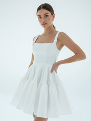 A - Line Boat - Neck Mini - Length Sleeveless Satin Pleats Wedding Dress - KissProm