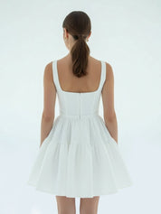 A - Line Boat - Neck Mini - Length Sleeveless Satin Pleats Wedding Dress - KissProm