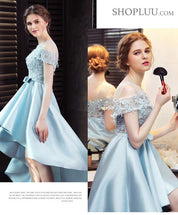 A-line Illusion Neck High-Low Satin & Lace Homecoming Dress with Bow Waist Detail