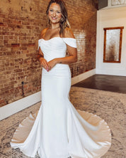 Mermaid Off-the-Shoulder Floor-Length Satin Wedding Dress with Draped Bodice and Train