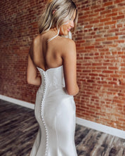 A-Line Off-the-Shoulder Floor-Length Satin Wedding Dress with Corset Bodice