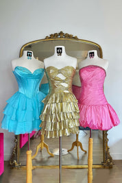 A-Line Sweetheart Short Gold Metallic Tiered Homecoming Dress with Cutout Detail