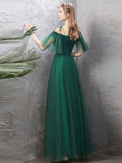 A-Line Off Shoulder Green Tulle Long Prom Dress