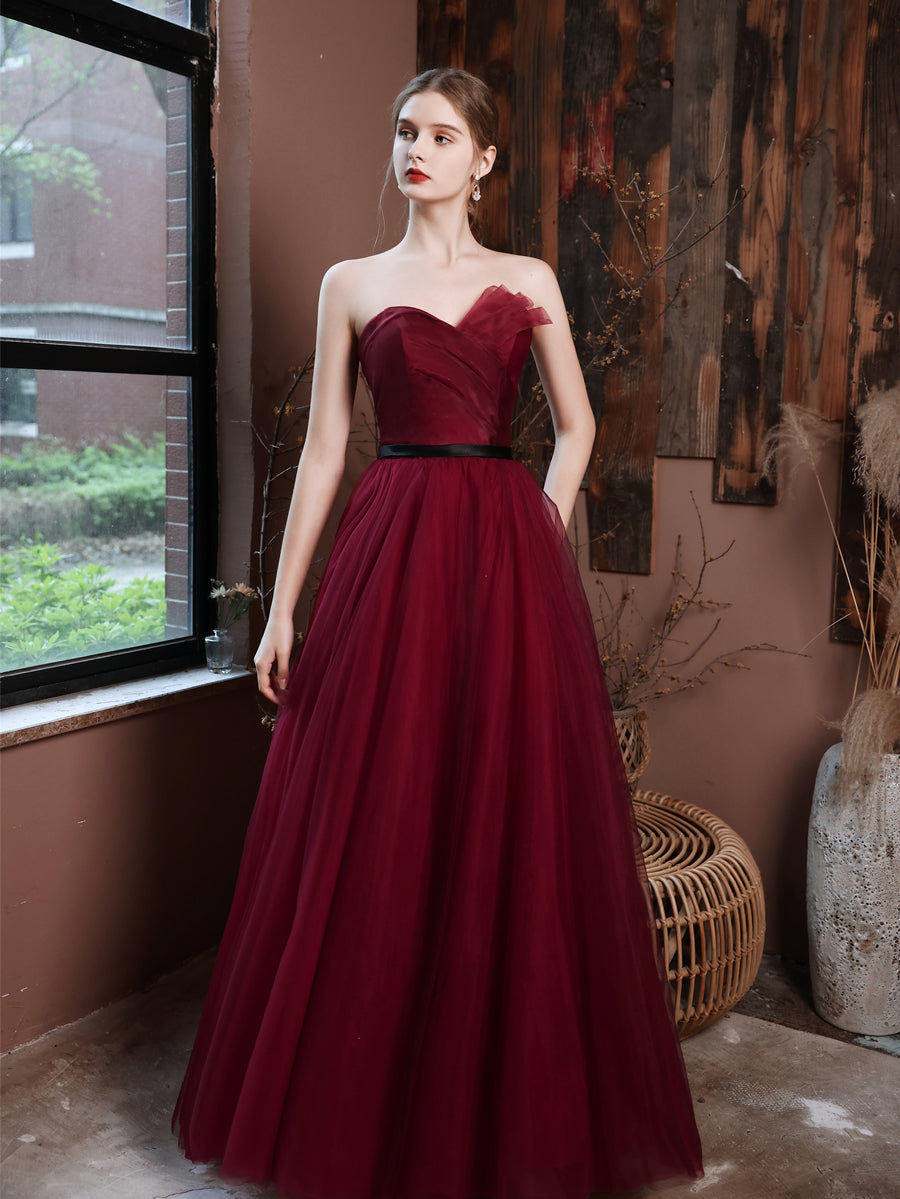A-Line Burgundy Strapless Sweetheart Floor-Length Tulle Prom Dress with Asymmetrical Ruffle Bodice