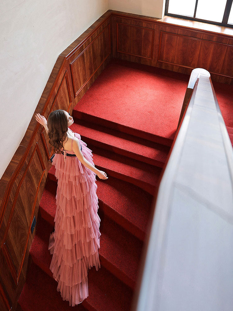 Blush Pink A-Line V Neck Asymmetrical/Floor-Length Tiered Tulle Prom Dress with Layered Ruffles