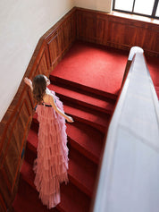 Blush Pink A-Line V Neck Asymmetrical/Floor-Length Tiered Tulle Prom Dress with Layered Ruffles