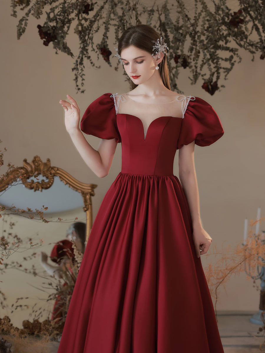 A-Line Sweetheart Neck Floor-Length Red Satin Prom Dress with Puff Sleeves