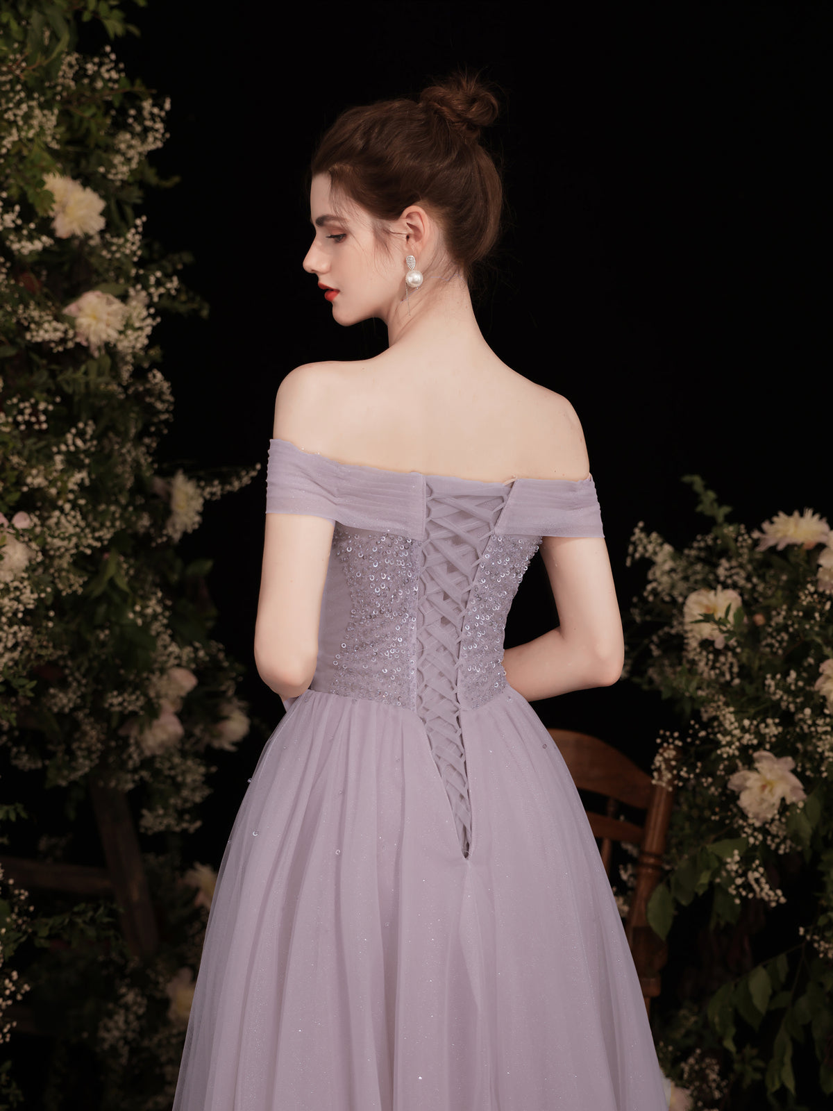 A-Line Off-the-Shoulder Sweetheart Floor-Length Lavender Tulle Prom Dress with Subtle Sparkle Bodice