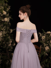 A-Line Off-the-Shoulder Sweetheart Floor-Length Lavender Tulle Prom Dress with Subtle Sparkle Bodice