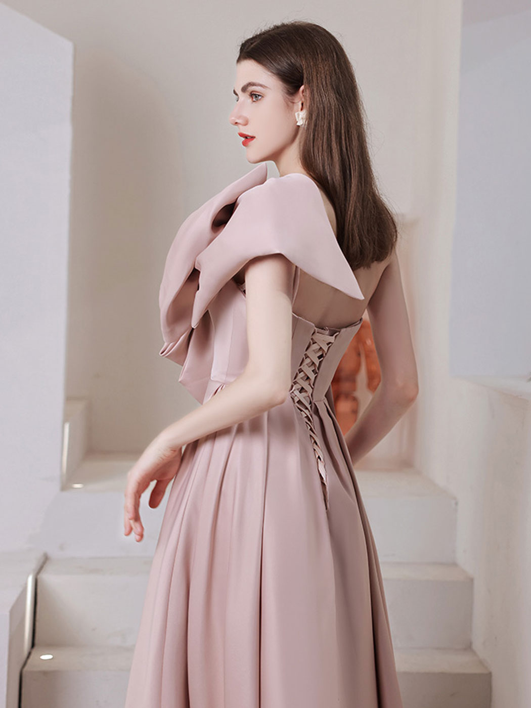 A-Line One-Shoulder Floor-Length Blush Satin Prom Dress with Sculptural Bow Detail