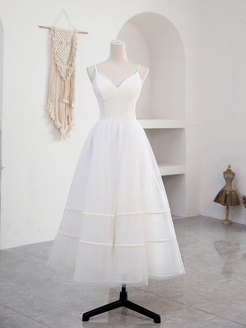 A-Line Sweetheart Tea-Length White Tulle Prom Dress with Spaghetti Straps