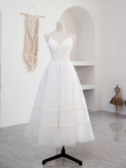 A-Line Sweetheart Tea-Length White Tulle Prom Dress with Spaghetti Straps