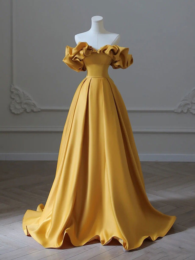 A-Line Off-the-Shoulder Floor-Length Gold Satin Prom Dress with Dramatic Ruffle Sleeves