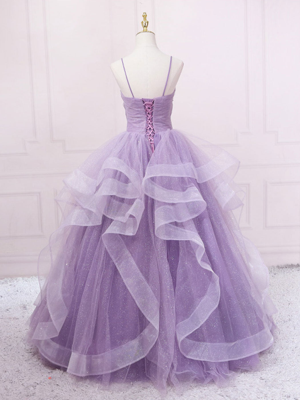 Lavender Ball Gown Sweetheart Neck Floor-Length Tulle Prom Dress with Tiered Ruffle Skirt