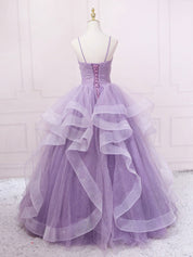 Lavender Ball Gown Sweetheart Neck Floor-Length Tulle Prom Dress with Tiered Ruffle Skirt
