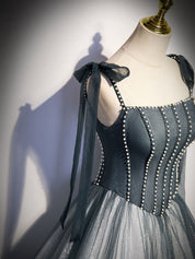 A-Line Dusty Blue Square Neck Floor-Length Tulle Prom Dress with Beaded Corset Bodice