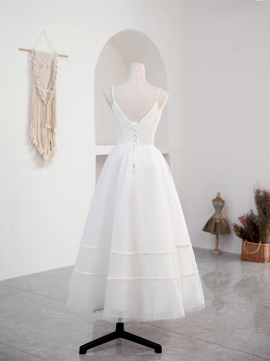 A-Line Sweetheart Tea-Length White Tulle Prom Dress with Spaghetti Straps
