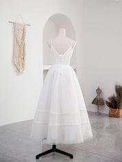 A-Line Sweetheart Tea-Length White Tulle Prom Dress with Spaghetti Straps