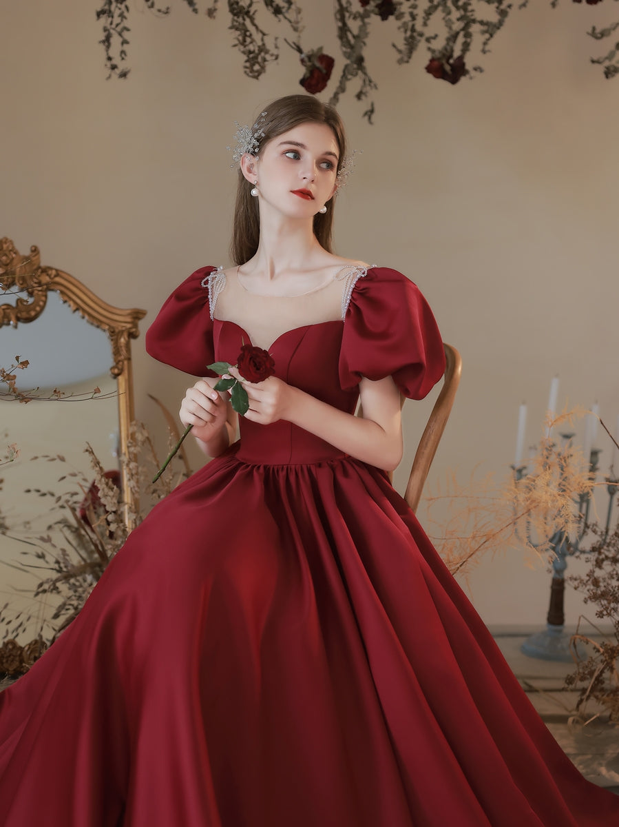 A-Line Sweetheart Neck Floor-Length Red Satin Prom Dress with Puff Sleeves