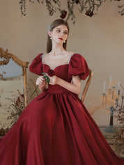 A-Line Sweetheart Neck Floor-Length Red Satin Prom Dress with Puff Sleeves