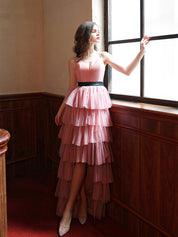 Blush Pink A-Line V Neck Asymmetrical/Floor-Length Tiered Tulle Prom Dress with Layered Ruffles