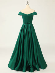 A-Line Green Off Shoulder Long Prom Dresses