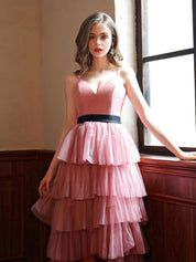 Blush Pink A-Line V Neck Asymmetrical/Floor-Length Tiered Tulle Prom Dress with Layered Ruffles