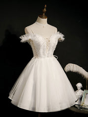 A-Line Off-the-Shoulder Mini White Tulle Homecoming Dress with Ruffled Corset Bodice