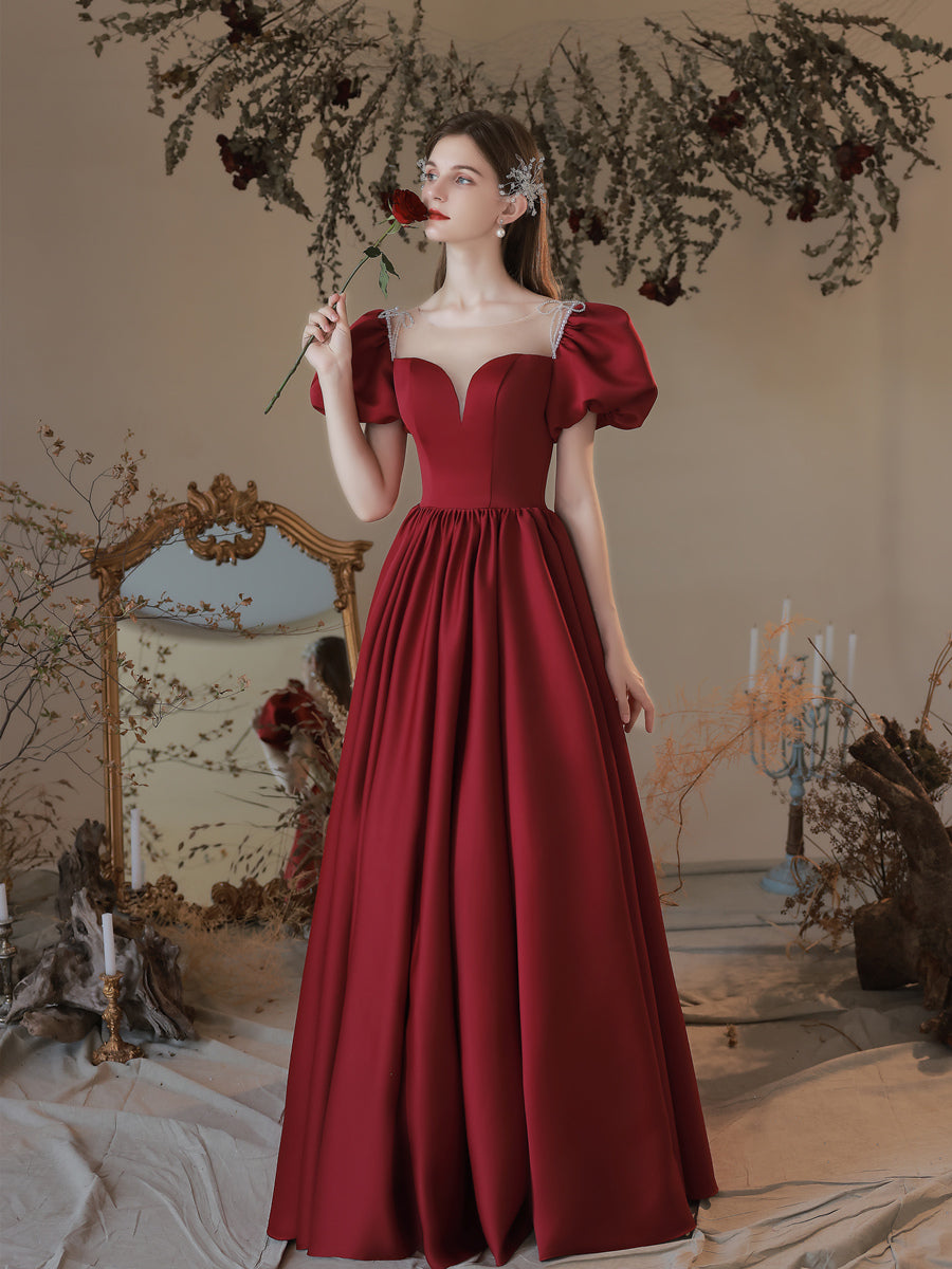 A-Line Sweetheart Neck Floor-Length Red Satin Prom Dress with Puff Sleeves